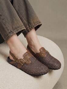 Solecia Woven Breathable Mesh Double Buckle Retro Rear Empty Sandals Casual Vacation Shoes - Brown - View 8
