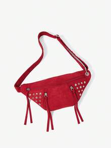 Viva Strut Ladies Retro Rivets Red Suede Waist Bag/Chest Bag, Fashionable, Personalized, Simple, Versatile, Street, Sweet And Cool Girls Y2k, For Daily, Shopping - Big red - View 2