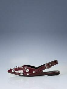 CUCCOO GRLICON Rivet Decorative Pointed Flat Sandals Burgundy PU Leather Versatile Low-Heeled Shoes For Women, Suitable For Locomotive Style And Personalized - Burgundy - View 3