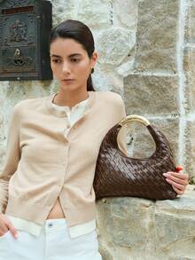 Wovira Ladies' Fashionable Elegant Simple Classic Hand-Woven Imitation Leather, Metal Arm-In-Arm Handbag, Daily Commuting, Dating, Afternoon Tea - Dark brown - View 2