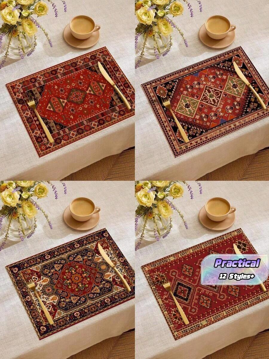 1pc/4pcs/6pcs Bohemian Style Decorative Placemats, Black & Red Geometric Linen Placemats, Washable & Stain-Resistant Placemats Suitable For Home, Restaurant, Dining Table Decoration, Household Items - Multicolor - View 1