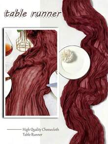 1pc/3pcs Burgundy Bohemian Style Gauze Table Runner, Semi-Transparent Thin Gauze Tablecloth, Suitable For Wedding, Birthday, Baby Shower, Party, Bohemian Style Tabletop Decor - Multicolor - View 6