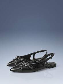 CUCCOO GRLICON Multi-Buckle Cross Design Pointed Flat Sandals Black PU Leather Versatile Low-Heeled Shoes Women, Suitable For Commuting And Office - Black - View 3
