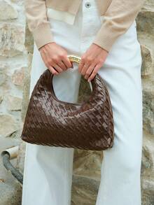 Wovira Ladies' Fashionable Elegant Simple Classic Hand-Woven Imitation Leather, Metal Arm-In-Arm Handbag, Daily Commuting, Dating, Afternoon Tea - Dark brown - View 1
