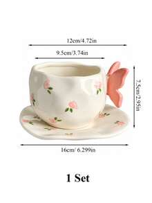 A Set Of Exquisite Ceramic Mugs, Featuring 3D Bow-Shaped Handles | Pastel Floral And Butterfly-Printed Teacups Paired With Scallop-Shaped Saucers | Adorable Korean-Style Coffee Cups-Perfect For Home Decor And As Gifts. - Multicolor - View 12
