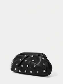 SHECARRY Y2K Style Fashion Rivet Design Chain Shoulder Bag Cloud Bag PU Material, Suitable For Daily Commuting - Black - View 3