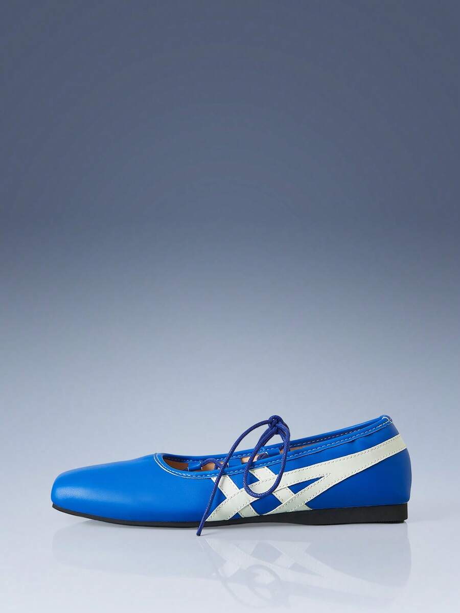 CUCCOO GRLICON Low-Top Colorblock Criss-Cross Lace-Up Flat, Y2K, Blue PU Leather Women's Flat Shoes Party Outdoor Style - Blue - View 1