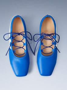 CUCCOO GRLICON Low-Top Colorblock Criss-Cross Lace-Up Flat, Y2K, Blue PU Leather Women's Flat Shoes Party Outdoor Style - Blue - View 2