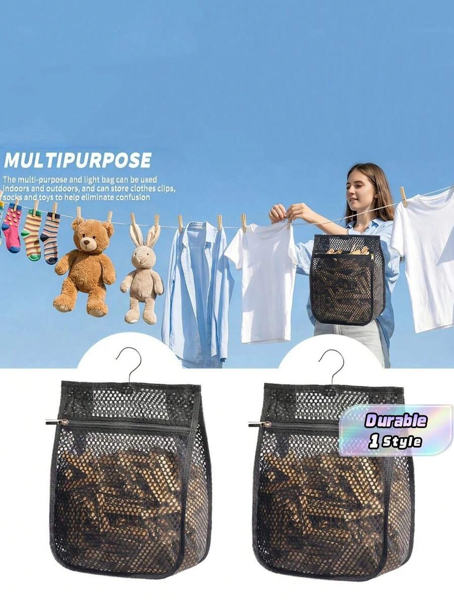 1/2pcsBreathable Hanging Mesh Storage Pouch Equipped With Zipper And Hook. Transparent Mesh Design For Easy Viewing, Perfect For Storing Clothes Pegs, Socks And Small Household Items For Closet & Laundry Room. - Multicolor - View 1