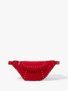 Viva Strut Ladies Retro Rivets Red Suede Waist Bag/Chest Bag, Fashionable, Personalized, Simple, Versatile, Street, Sweet And Cool Girls Y2k, For Daily, Shopping - Red suede - View 5