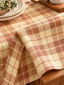 Joivida A Warm Yellow And Red-Brown Checked Tablecloth, Made Of Velvet, Is Easy To Clean And Suitable For Kitchens, Dining Rooms, Holiday Parties, Picnics And Daily Decorations. The Fabric Is Sturdy And Durable, And Can Be Used As Party Tableware. - Warm yellow background red brown grid - View 7