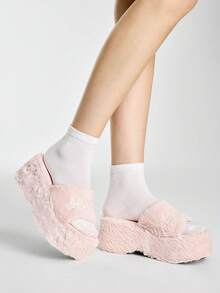 ROMWE Kawaii 女款斜跟厚底涼鞋 暗黑搖滾龐克哥德風 開趾羅馬式沙灘涼鞋 刺繡字母款 派對禮服鞋 - 粉色--3 - 查看 1