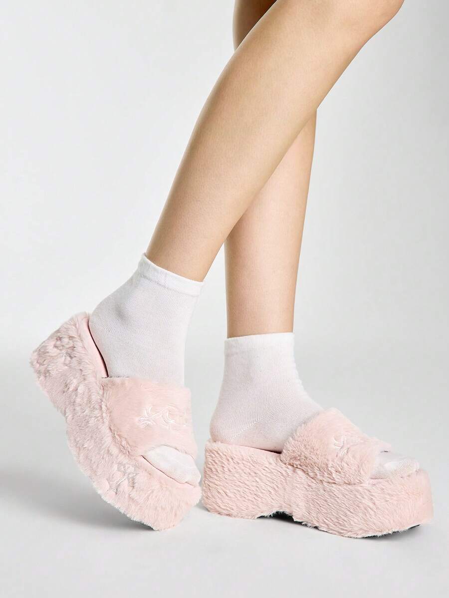 ROMWE Kawaii 女款斜跟厚底涼鞋 暗黑搖滾龐克哥德風 開趾羅馬式沙灘涼鞋 刺繡字母款 派對禮服鞋 - 粉色--3 - 查看 1