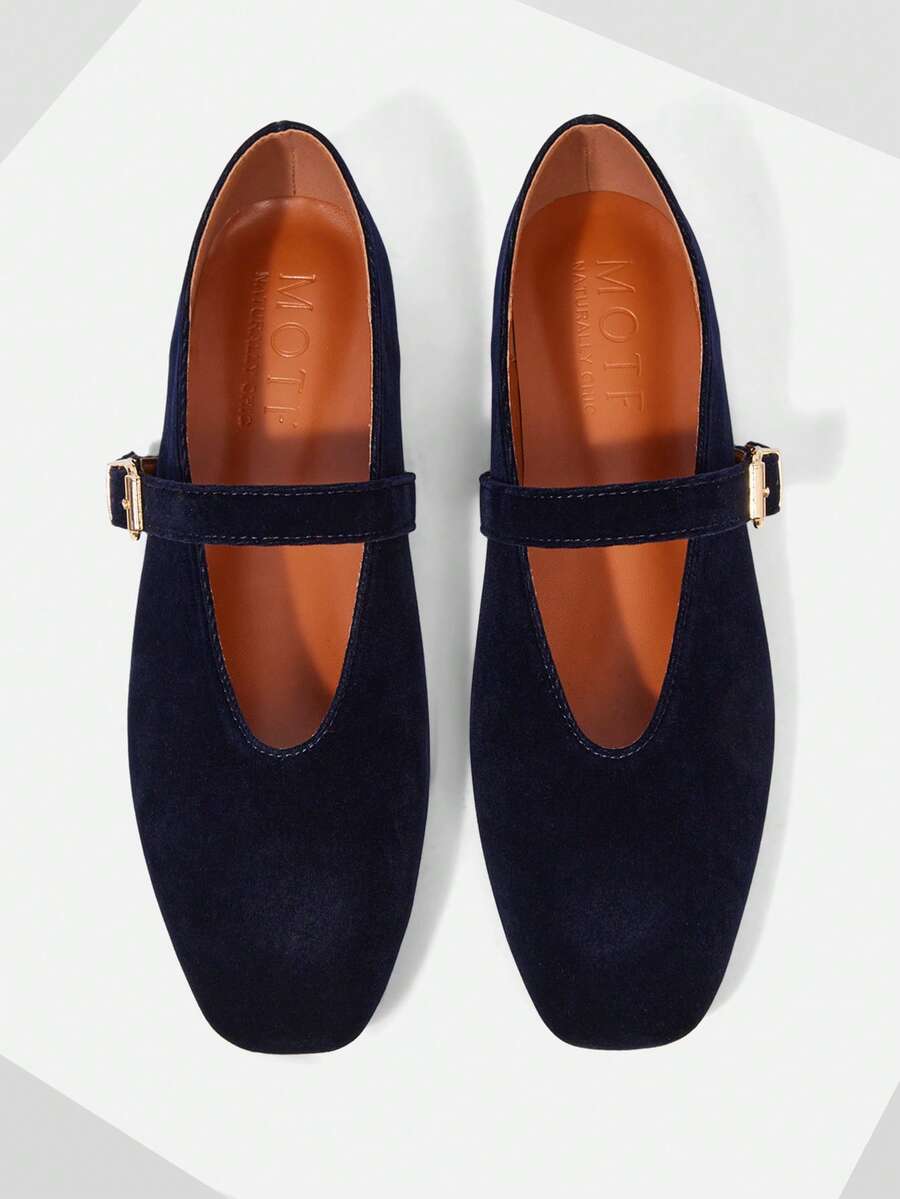 MOTF PREMIUM WOMEN'S CASUAL VERSATILE MARY JANE SQUARE TOE FLAT SHOES, COMFORTABLE FOR COMMUTING SPRING SHOES - Dark blue velvet - View 1