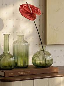 Cirelle 1Pc Glass Vase, Gradient Tinted Glass With Vertical Ribbed Texture, For Dried Floral Display, Tabletop Aesthetic, Boho, Modern Minimalist, Bedroom Shelf Decor, Housewarming Gift,For Living‑Room Vanity Decor To Refresh Household Ambient Layout - default - View 14