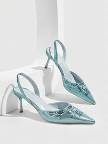 CUCCOO SZL Women's Rear Strap Shallow Shoes, Pointed Sequins Beaded Embroidered Adjustable Buckle Stiletto Party Women's Shoes, Slingbacks - Blue - View 1