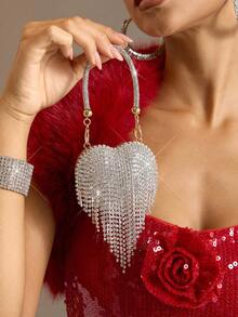 Viva Strut Ladies Fashionable Elegant Exquisite Luxury Silver Rhinestone Tassel Heart Mini Handheld Dinner Bag, Party Dating Banquet Wedding Ball Night Club - Silver - View 1