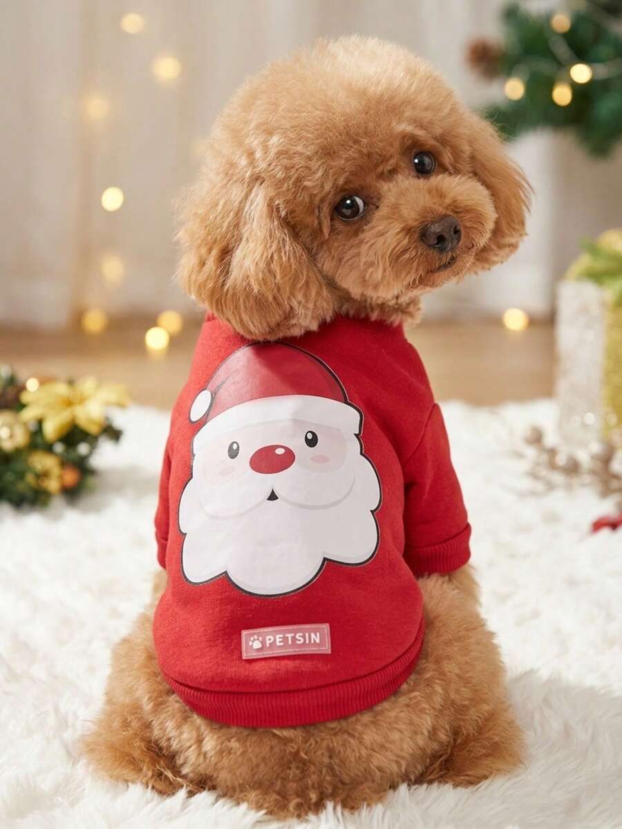 PETSIN 1 Pc Cute Santa Claus Pattern Fleece Dog Sweatshirt, Red - Multicolor - View 1