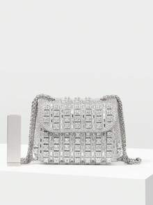 MOTF LADIES EXQUISITE SILVER FLIP PORTABLE MINI BAG, LIGHT LUXURY RETRO SQUARE RHINESTONE MOUTH RED ENVELOPE, FOR PARTIES, FESTIVALS, DINNERS, WEDDINGS - Silver - View 4