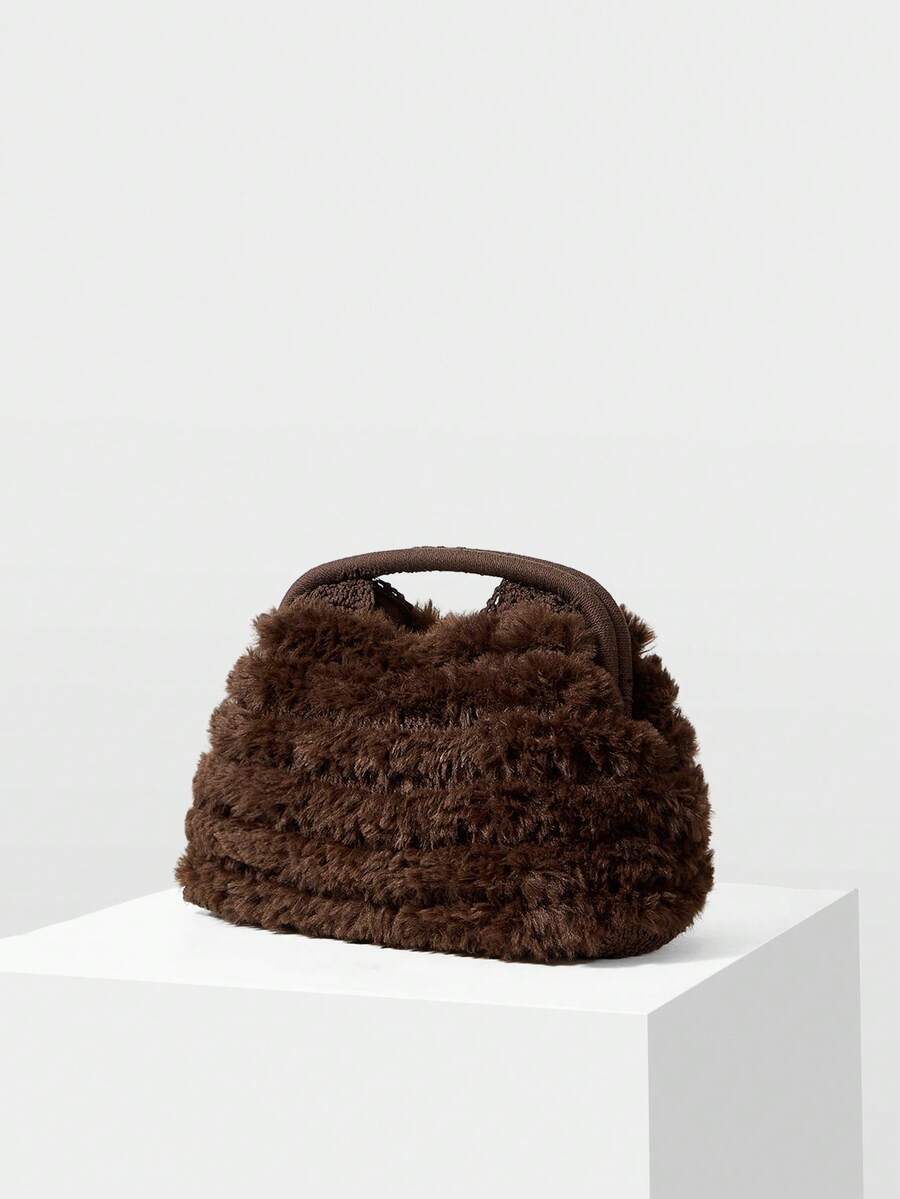 MOTF PREMIUM NEW FULLY HANDMADE CROCHET MAILLARD STYLE AUTUMN AND WINTER PLUSH DUMPLING BAG RETRO VERSATILE PARTY WOMEN'S CLUTCH BAG - Coffee - View 2
