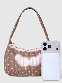 ROMWE Anime Ladies Shoulder Bag, Sweet And Cute Retro Starwing Print Armpit Bag With Stylish Zipper, Suitable For Daily Shopping And Dating - Brown - View 3