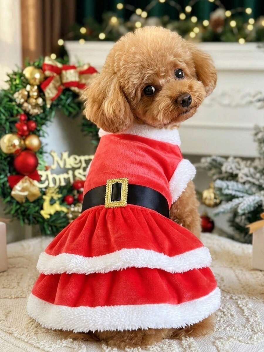 PETSIN Santa - Style Pet Christmas Dress With Plush Trim And Golden Buckle Belt - Red - View 1