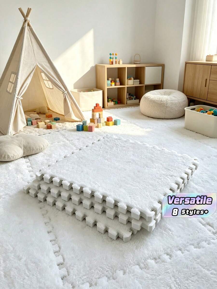 16 Buah Keset Lantai Mewah yang Saling Terhubung, Ubin Karpet Busa Puzzle Warna Solid, Keset Tebal yang Dapat Dipotong untuk Dekorasi Rumah Kamar Tidur - MultiWarna - View 1