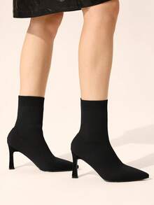 CUCCOO BASICS Women's Pointed Middle Tube Fabric Surface. Cloth Shaped Heel Medium High Heel Elastic Boots. Sexy Versatile Commuter Autumn And Winter Classic Women' - Black - View 5
