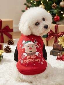 PETSIN 1pc Pet Christmas Reindeer "Merry Christmas" Cute Print Red Fleece Warm Sweatshirt - Multicolor - View 3