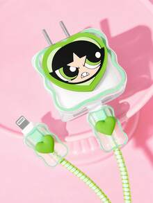 THE POWERPUFF GIRLS X SHEIN 數據線保護套，適用於 iPhone 充電器，4 件組手機線材保護套，充電器保護套（不含數據線） - 綠色 - 查看 2