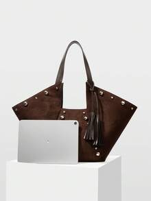MOTF WOMEN'S FASHION RETRO BROWN SUEDE RIVET DECORATIVE TOTE BAG, LARGE CAPACITY CASUAL SHOULDER BAG, FOR DAILY, COMMUTING, SHOPPING, VACATION, TRAVEL - Coffee - View 4