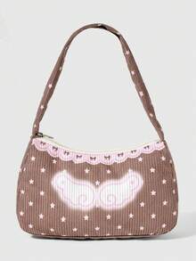 ROMWE Anime Ladies Shoulder Bag, Sweet And Cute Retro Starwing Print Armpit Bag With Stylish Zipper, Suitable For Daily Shopping And Dating - Brown - View 1