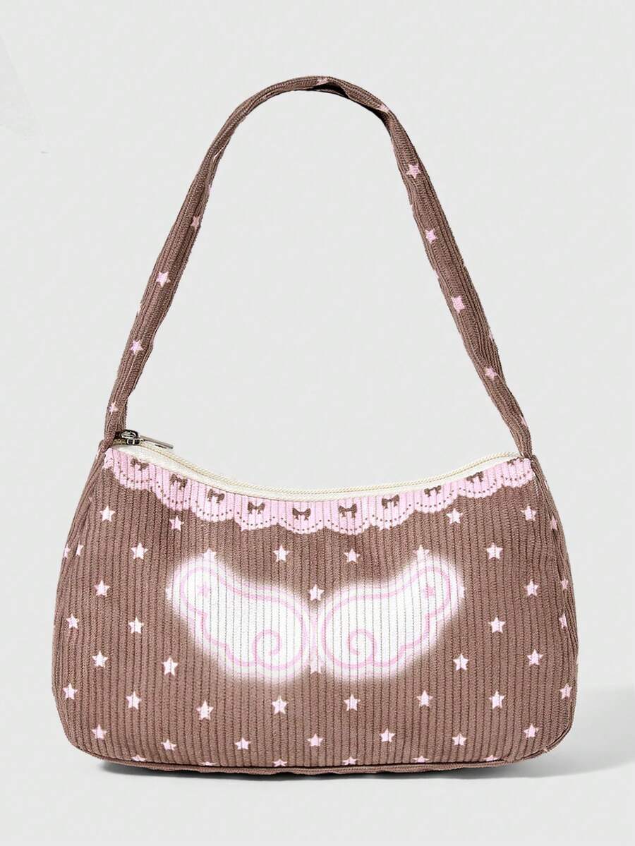 ROMWE Anime Ladies Shoulder Bag, Sweet And Cute Retro Starwing Print Armpit Bag With Stylish Zipper, Suitable For Daily Shopping And Dating - Brown - View 1