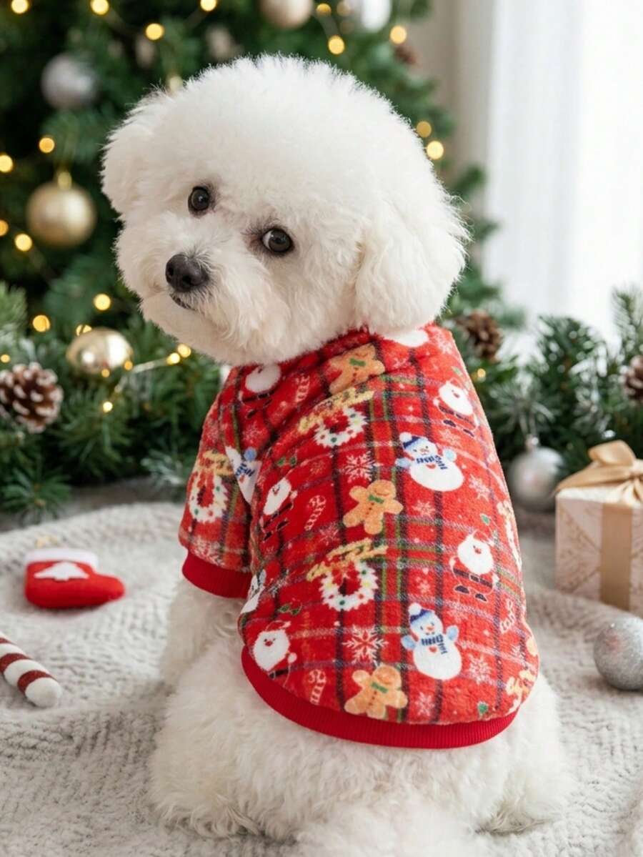 PETSIN 1件裝聖誕紅色刷毛寵物聖誕老人印花保暖寵物衣(不含帽子) - 彩色 - 查看 1