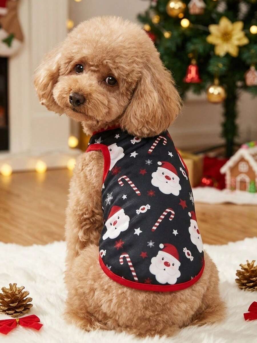 PETSIN 1pc Pet Christmas Santa Claus Print Sleeveless Tank Top For Dogs, Navy - Multicolor - View 1