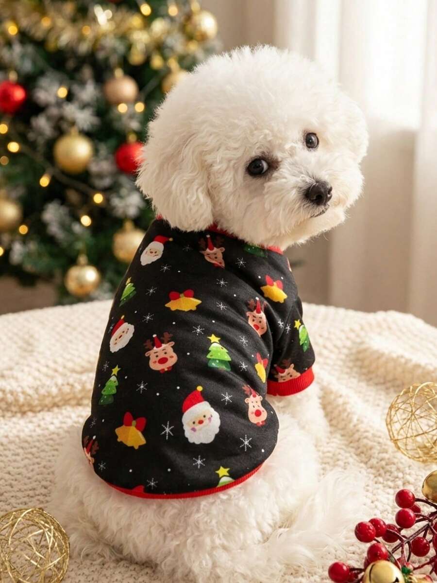 PETSIN 1件裝聖誕老人、雪花與聖誕樹圖案寵物狗/貓衛衣,紅黑配色 - 彩色 - 查看 1