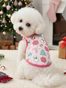 PETSIN 1pc Pink Cute Printed Pet Vest Suitable For Cats And Dogs, Featuring Snowman, Christmas Tree And Candy Prints - Multicolor - View 3