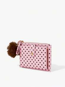 Viva Strut 1pc Women's Fashionable Simple Fresh Pink Dark Coffee Dot Imitation Leather Fur Ball Pendant Short Wallet, Multi-Card Space - Pink - View 2