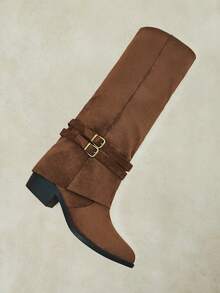 Styleloop Women Shoes Vintage Western Style Girls Commuting Shopping Autumn And Winter Round Head High Heel Pile Boots - Coffee brown velvet - View 6