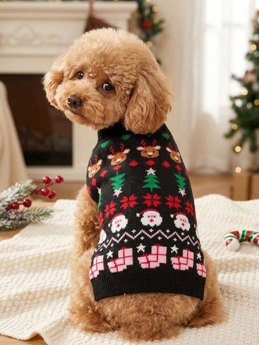 PETSIN 1pc Christmas Pet Cat Dog Universal Green Diamond Grid Elk Snowflake Cute Pattern Jacquard Knitted Elastic Comfortable Dog Christmas Sweater - Multicolor - View 1
