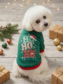 PETSIN 1pc Pet Hohoho English Text & Graphic Printed Green Fleece Crew Neck Warm Sweatshirt - Multicolor - View 2