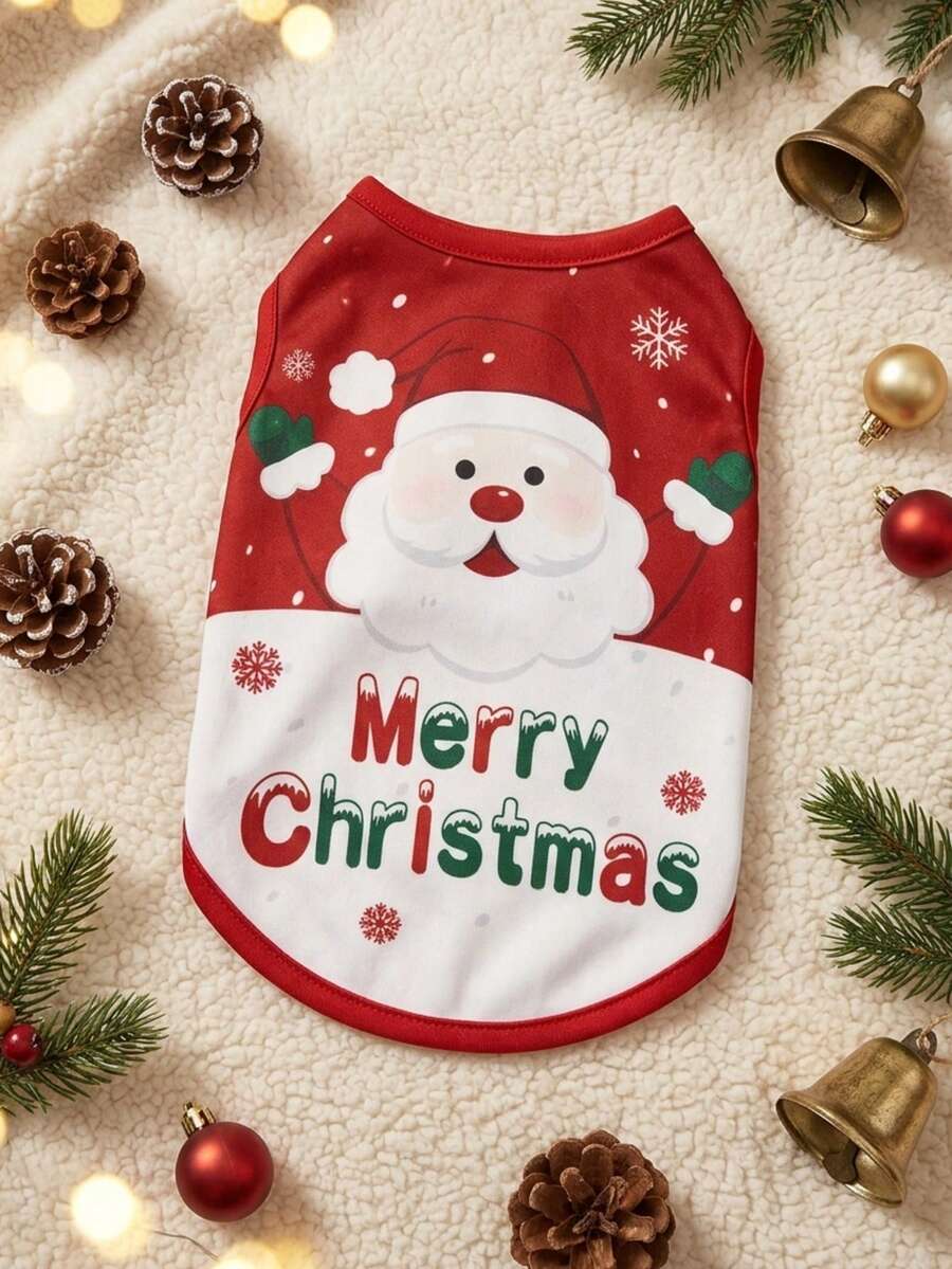 PETSIN 1pc Pet Christmas Red "Merry Christmas" & Santa Graphic Print Cute Dog Tank Top - Multicolor - View 1