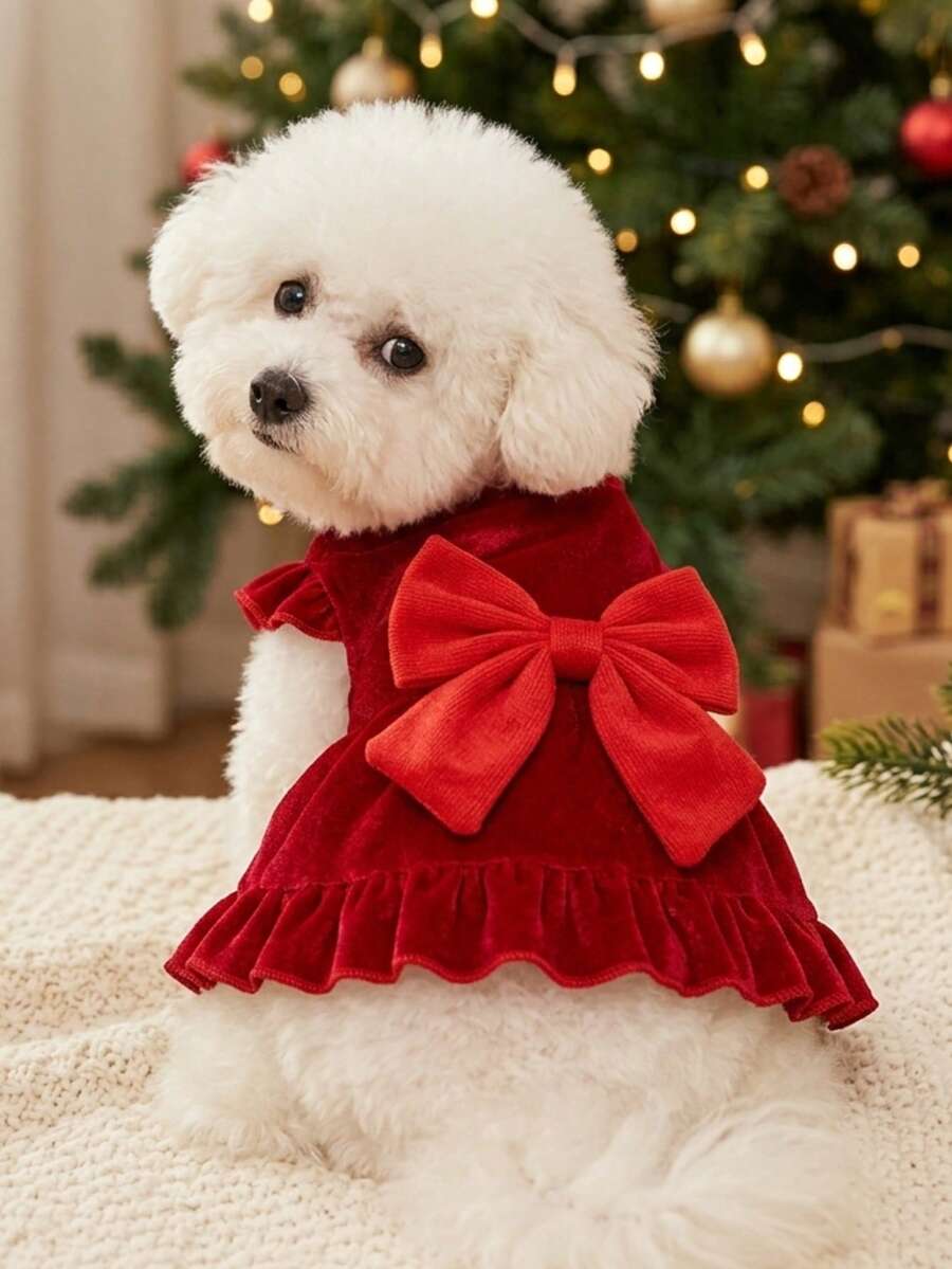 PETSIN 1 Piece Of Christmas Suspender Dress With Red Bow, Cute Pet Clothes, Soft And Comfortable Skirt - Multicolor - View 1
