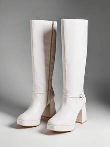 SHUZIA Women's Stylish & Comfortable Block Heel Knee-High Boots With Metal Buckle Decor For Christmas Valentine's Day - White - View 8