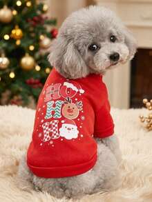 PETSIN 1pc Pet "HoHoHo" Reindeer Snow Flake Santa Claus Cartoon Print Cute Red Fleece Pullover Sweatshirt - Multicolor - View 3