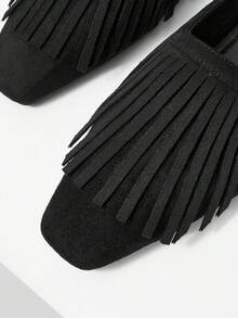 Mnmlis Classic Square Toe Fringe Decor Mules - Black - View 4