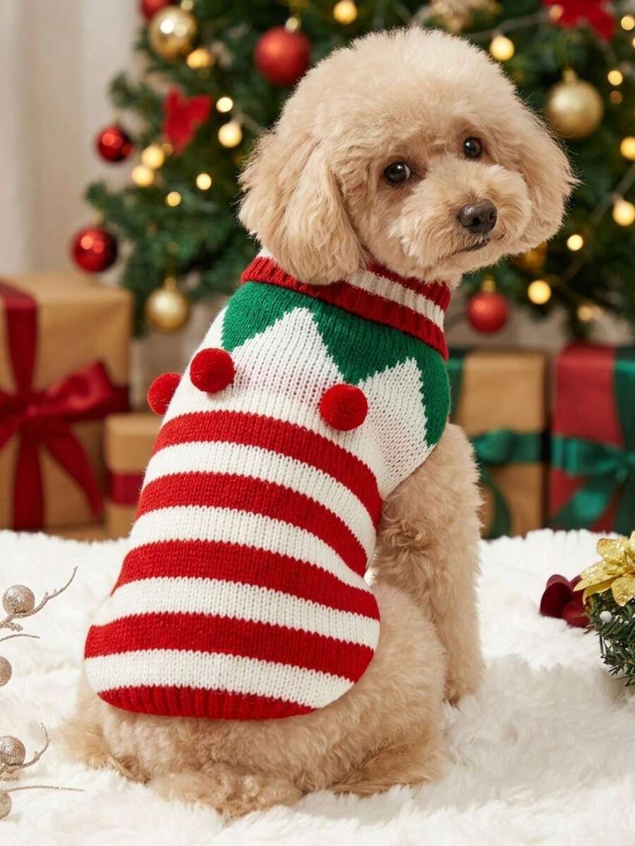 PETSIN كنزة حيوانات أليفة مخططة بأسلوب عيد الميلاد لطيفة ودافئة - الأحمر - مشاهدة 1