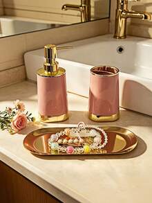 3Pcs Bathroom Countertop Set, Soap Dispenser Toothbrush Holder With Golden Tray, Gold Rim Vanity Storage Organizer, Modern Bathroom Decor, Multi Color Options - Multicolor 6 - View 7