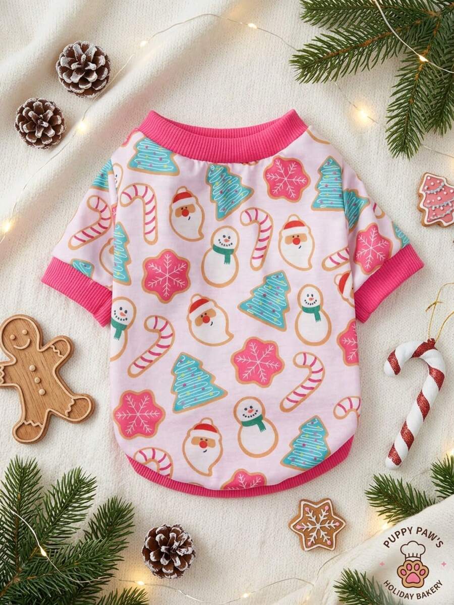 PETSIN 1pc Pink Cute Printed Christmas Pet Sweatshirt Without Hat, Suitable For Both Cats And Dogs - Multicolor - View 1