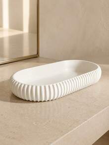 2 Pieces/1 Piece, Plastic Oval Storage Tray, Minimalist Black Or Cream White Striped Design With Elevated Curved Edge, Versatile Jewelry, Cosmetics, Keys And Coin Storage Case - Multicolor - View 4